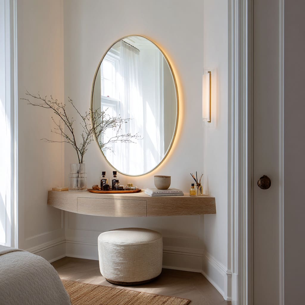 Idea de tocador en media luna con luz de halo en el espejo, puf recogido, repisa curva de madera y ambiente tranquilo para la rutina matinal Idea de tocador en media luna con luz de halo en el espejo, puf recogido, repisa curva de madera y ambiente tranquilo para la rutina matinal