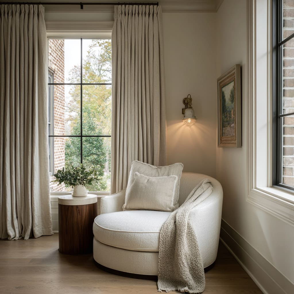 Asiento en ventana curva con repisa redondeada, cojines, piezas pequeñas y aplique estriado Asiento en ventana curva con repisa redondeada, cojines, piezas pequeñas y aplique estriado