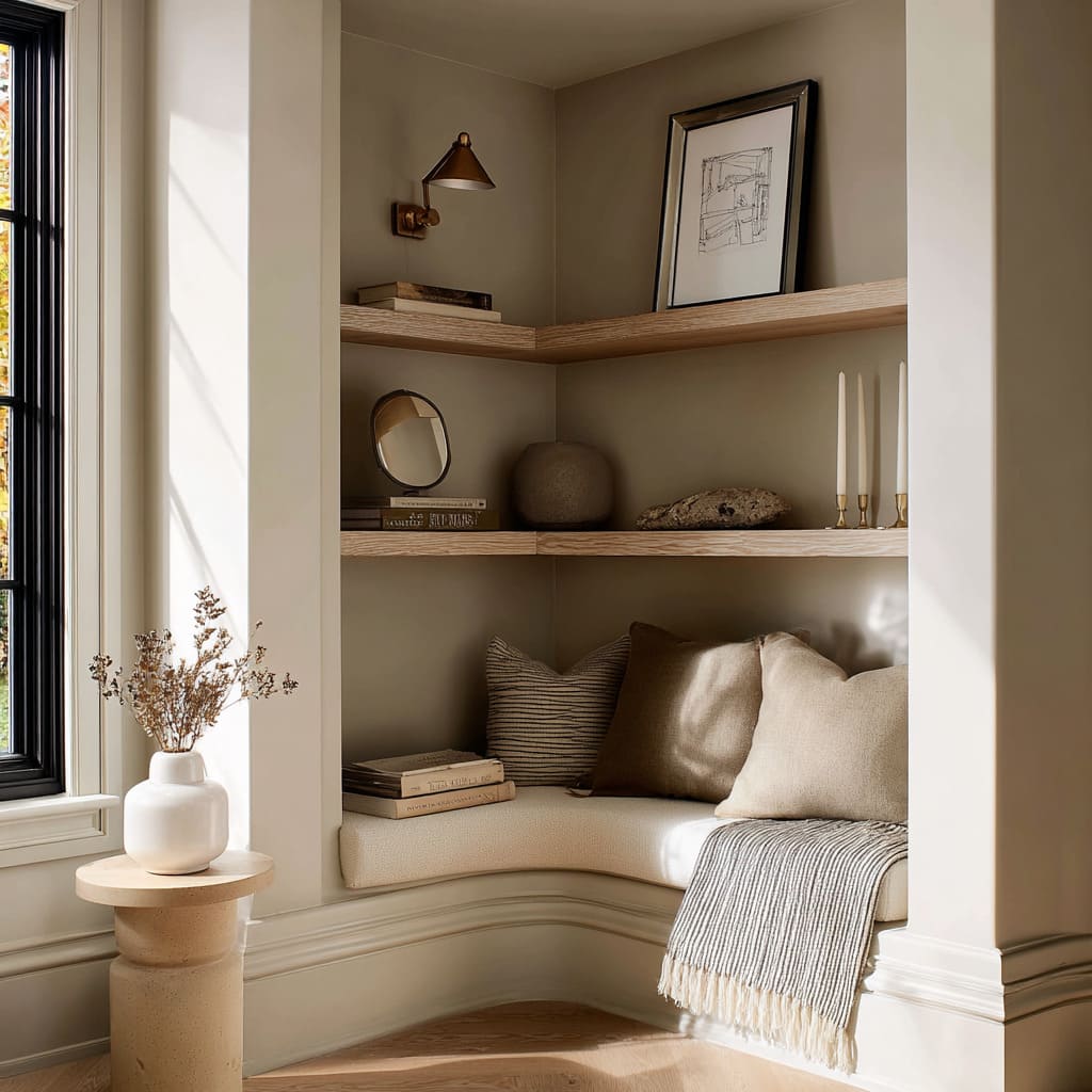 Curved bench in putty-tone corner with thick shelves, cone-shade sconce, soft pillows, tiny mirror accent Curved bench in putty-tone corner with thick shelves, cone-shade sconce, soft pillows, tiny mirror accent
