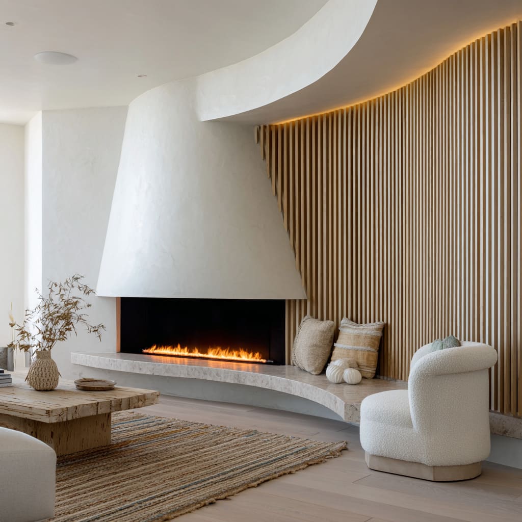 Idea de chimenea curva en esquina con repisa de piedra caliza y pared de madera acanalada, muebles redondeados Idea de chimenea curva en esquina con repisa de piedra caliza y pared de madera acanalada, muebles redondeados