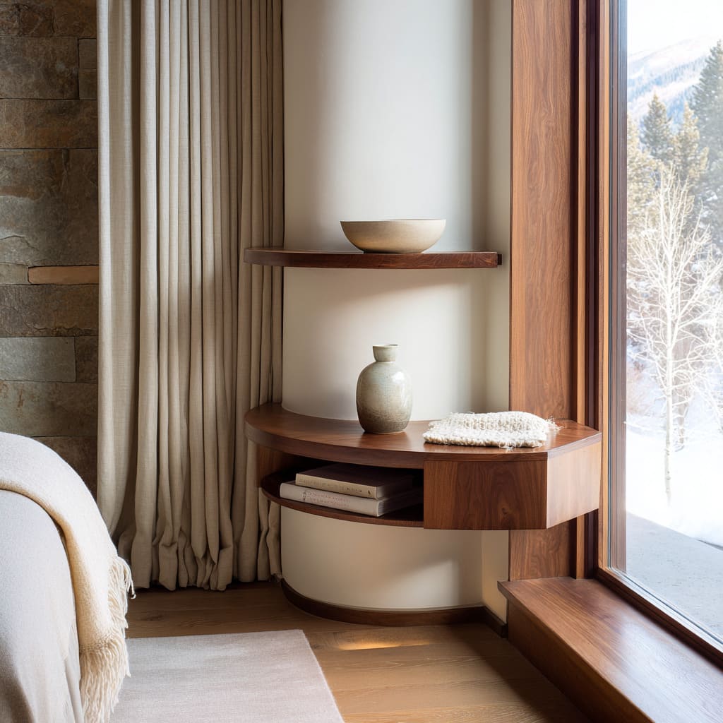 Estantes curvos de nogal y pequeña repisa de escritura en una esquina redondeada con estilo sereno y cortinas suaves Estantes curvos de nogal y pequeña repisa de escritura en una esquina redondeada con estilo sereno y cortinas suaves