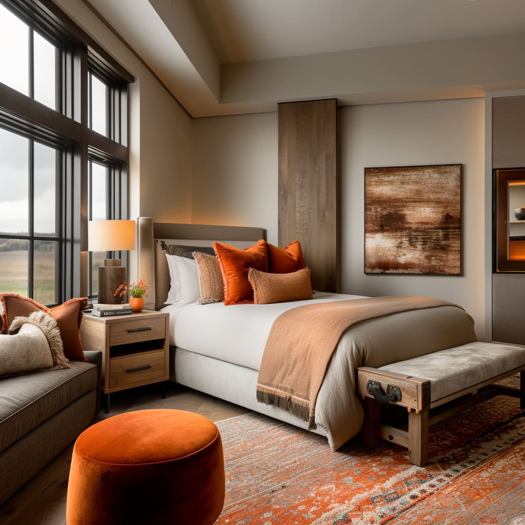 Custom corner headboard with rounded edge, floating L-shaped shelf, soft LED glow above and below Custom corner headboard with rounded edge, floating L-shaped shelf, soft LED glow above and below