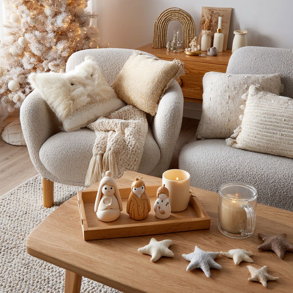 Cute nativity scene on a wooden tray with candles, felt stars on the table, boucle chairs with soft pillows, simple white Christmas tree glowing beh Cute nativity scene on a wooden tray with candles, felt stars on the table, boucle chairs with soft pillows, simple white Christmas tree glowing beh