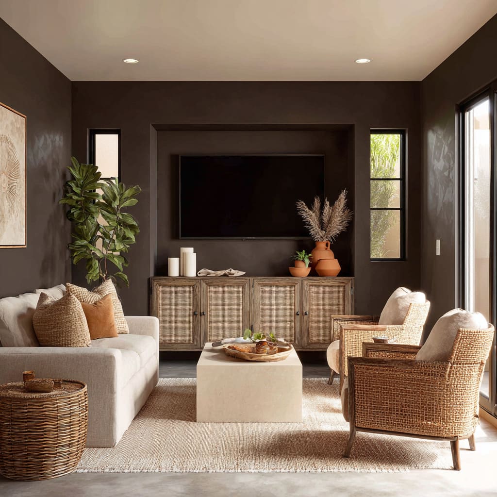 Dark Cocoa Media Wall, Woven Cabinetry, Matched Neutral Seating, and Clean Modern Lines Blended With Boho Forms Dark Cocoa Media Wall, Woven Cabinetry, Matched Neutral Seating, and Clean Modern Lines Blended With Boho Forms