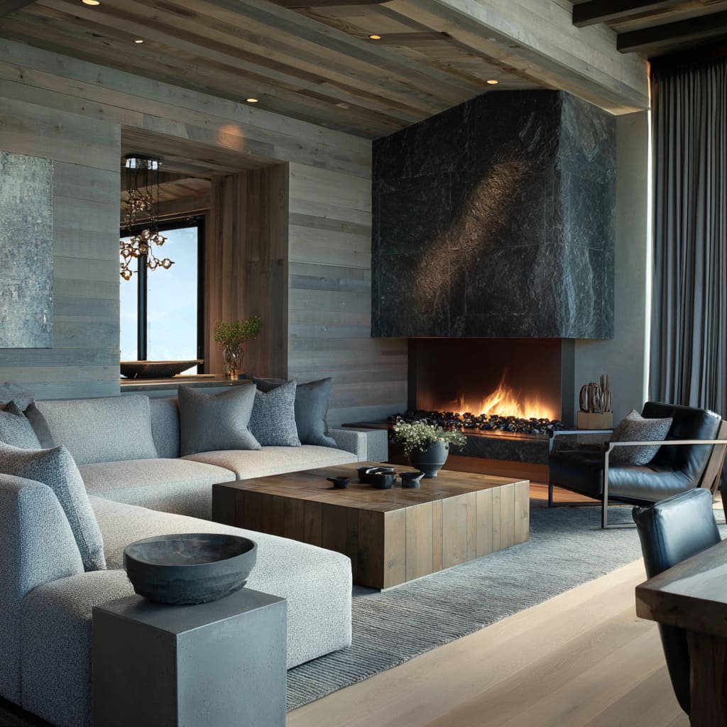 Dark grey and silver lounge design with grey-washed plank walls Dark grey and silver lounge design with grey-washed plank walls