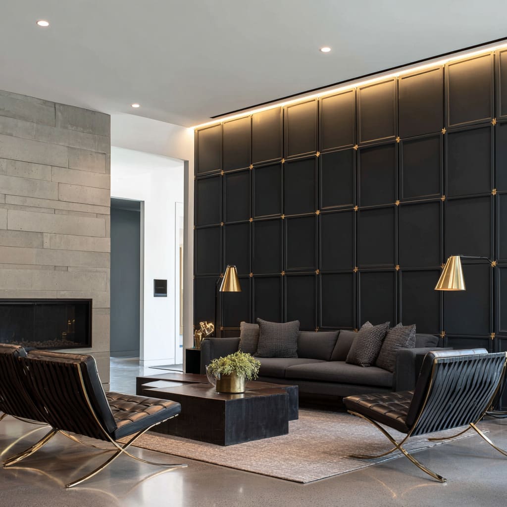 Dark grid wall design with brass connectors, soft top glow, gold floor lamps, dark structured sofa Dark grid wall design with brass connectors, soft top glow, gold floor lamps, dark structured sofa