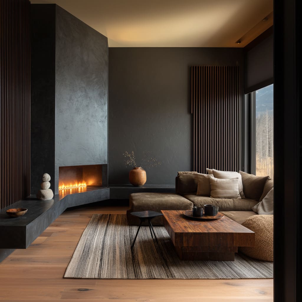 Chimenea oscura en esquina con banco delgado, listones verticales de madera, escultura en piedra apilada, sofá profundo y mesa de centro en madera Chimenea oscura en esquina con banco delgado, listones verticales de madera, escultura en piedra apilada, sofá profundo y mesa de centro en madera