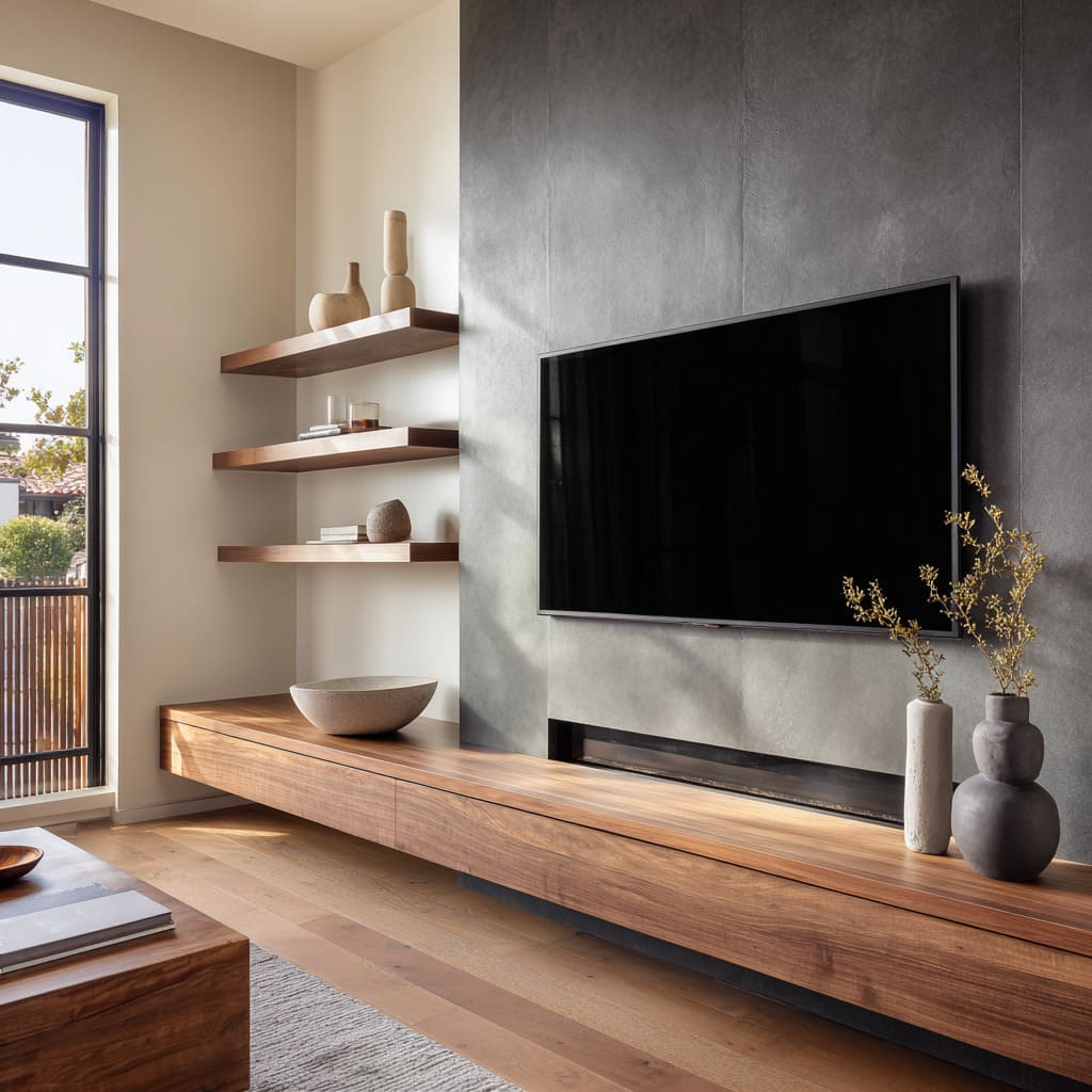 Dark plaster panel with pale wall and walnut bench, three floating shelves with sparse ceramics, twig arrangement Dark plaster panel with pale wall and walnut bench, three floating shelves with sparse ceramics, twig arrangement