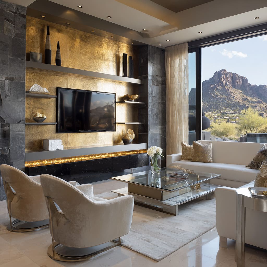 Dark stone and gold-leaf feature wall living room design with smoked-silver shelves, mirrored coffee table Dark stone and gold-leaf feature wall living room design with smoked-silver shelves, mirrored coffee table