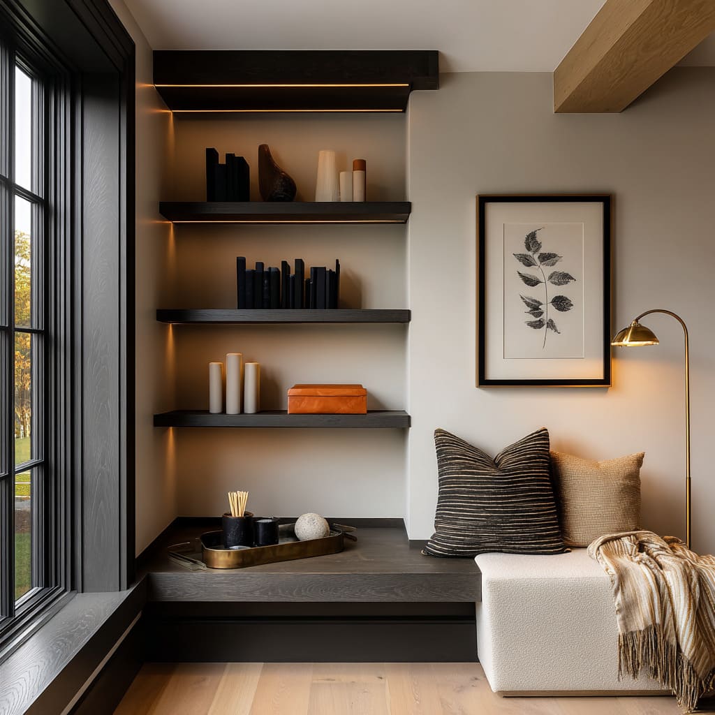 Dark timber corner shelves idea with thin amber light line, black and white decor, single warm box accent Dark timber corner shelves idea with thin amber light line, black and white decor, single warm box accent