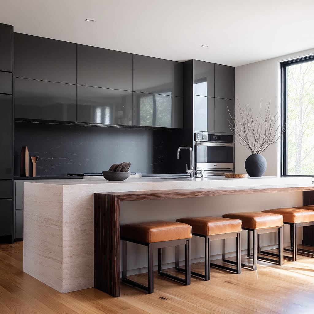 Dark wood console wrapping a travertine island corner, paired with saddle-tan leather stools Dark wood console wrapping a travertine island corner, paired with saddle-tan leather stools