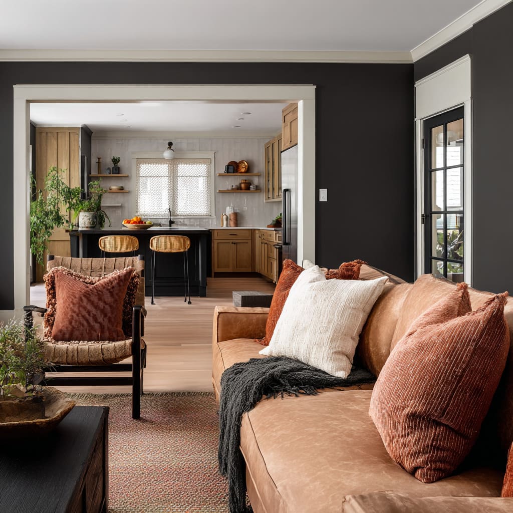 Deep Brown Walls With Caramel Leather Sofa, Woven Chair, Warm Wood Accents, and a Soft Earthy Palette Connecting to a Bright Kitchen Deep Brown Walls With Caramel Leather Sofa, Woven Chair, Warm Wood Accents, and a Soft Earthy Palette Connecting to a Bright Kitchen