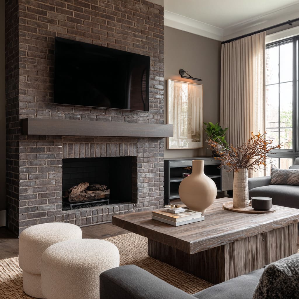 Diseño de chimenea en gris cacao profundo, con contraste marcado y capas contemporáneas cálidas. Diseño de chimenea en gris cacao profundo, con contraste marcado y capas contemporáneas cálidas.