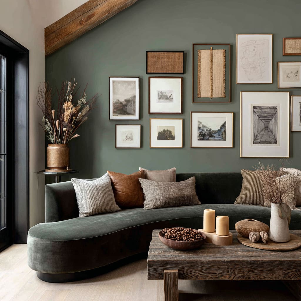 Deep Green-Brown Accent Wall With a Curved Sofa, Gallery Composition, and Weathered Wood Table Deep Green-Brown Accent Wall With a Curved Sofa, Gallery Composition, and Weathered Wood Table