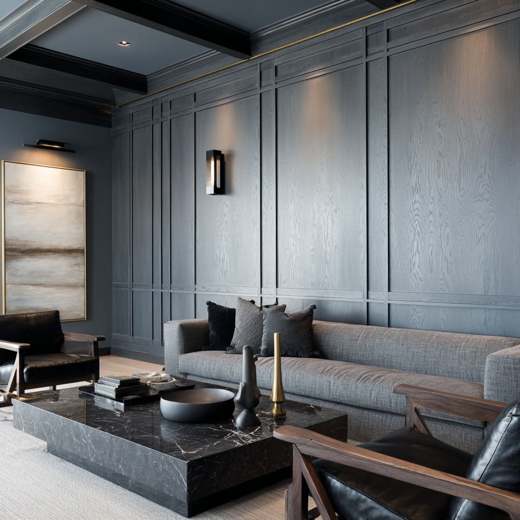 Deep Grey Wainscoting Wall With Layered Rails and Club-Style Mood Deep Grey Wainscoting Wall With Layered Rails and Club-Style Mood