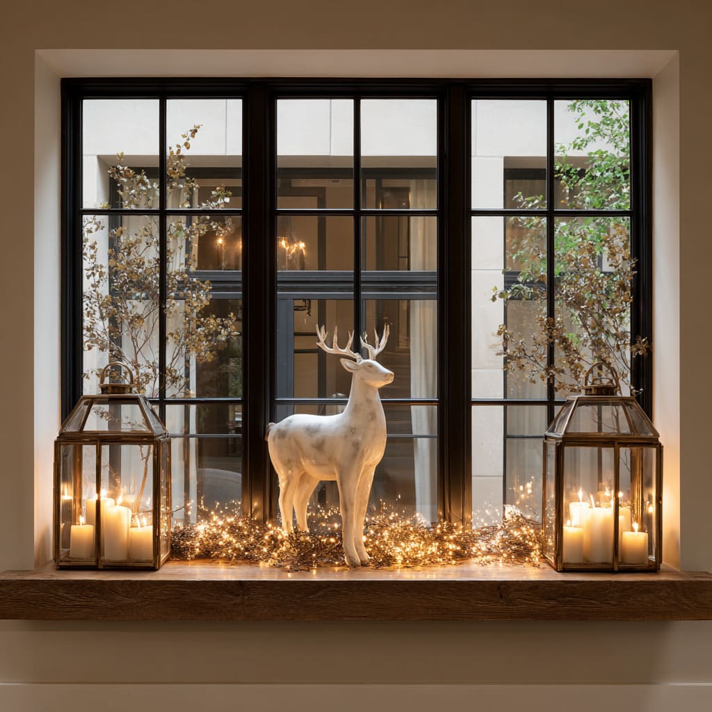 Alféizar de madera profunda con faroles bronceados, figura de ciervo blanco y micro luces LED que forman una escena invernal simétrica y serena. Alféizar de madera profunda con faroles bronceados, figura de ciervo blanco y micro luces LED que forman una escena invernal simétrica y serena.