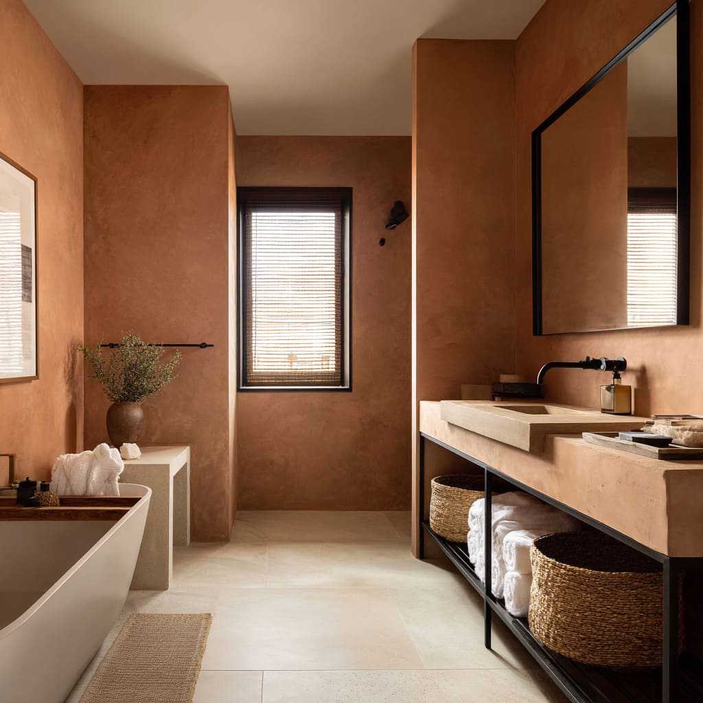 Desert sand bathroom concept with plaster walls, stone vanity and grounded, earthy contrast Desert sand bathroom concept with plaster walls, stone vanity and grounded, earthy contrast
