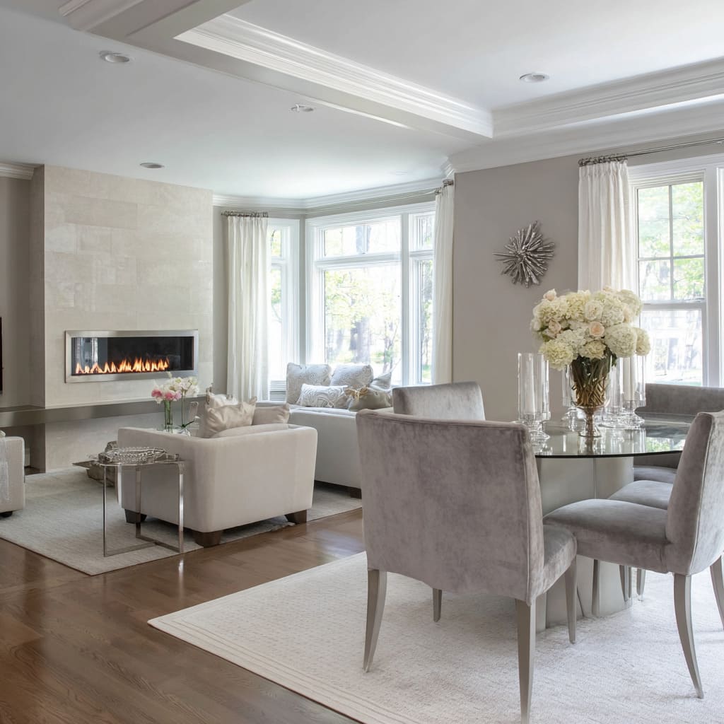 Design concept with pale sectional, velvet-grey dining chairs, round glass table, and ivory layered rug Design concept with pale sectional, velvet-grey dining chairs, round glass table, and ivory layered rug