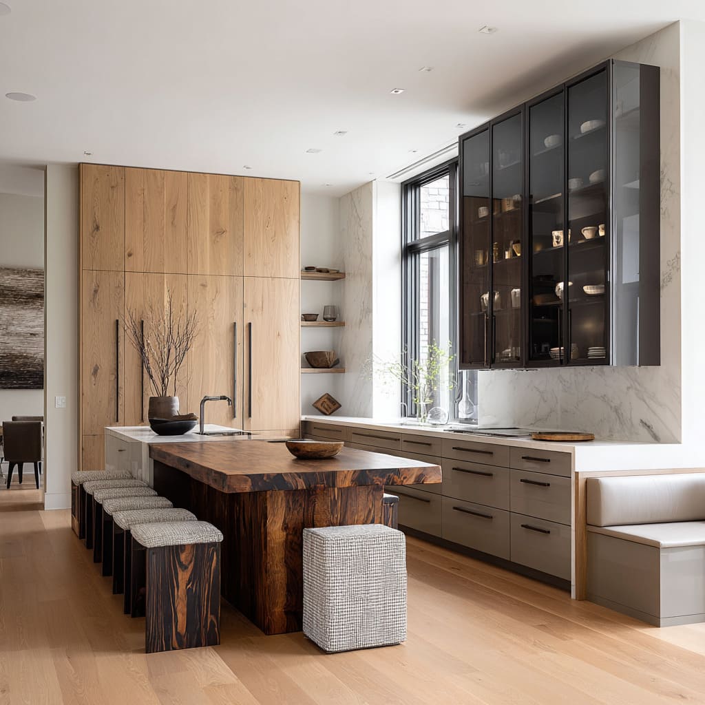 Design featuring a dark-grained wood island table with blocky tweed stools, smoky-glass upper cabinets Design featuring a dark-grained wood island table with blocky tweed stools, smoky-glass upper cabinets