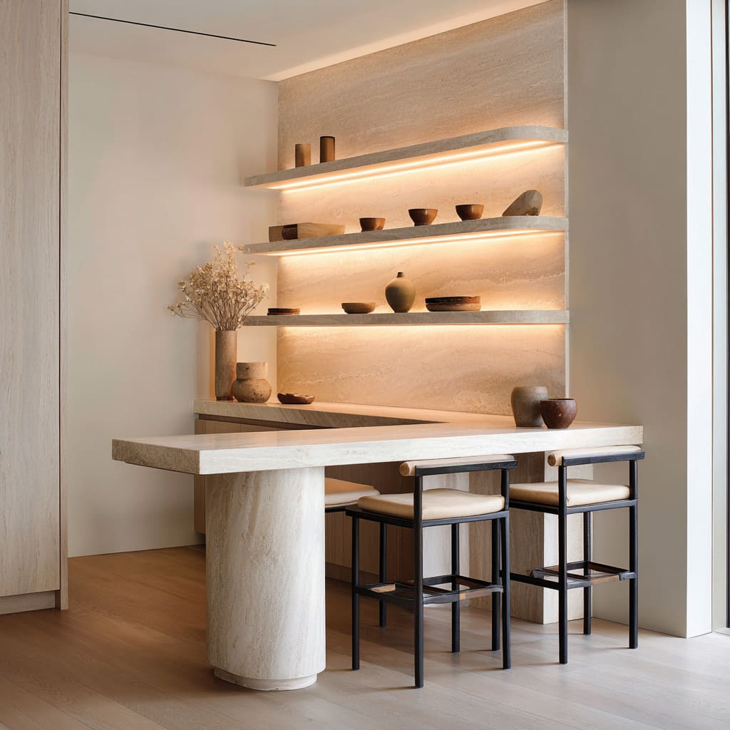 Design with a console with a sculptural cylindrical leg inside a stone-wrapped alcove, paired with two backless stools Design with a console with a sculptural cylindrical leg inside a stone-wrapped alcove, paired with two backless stools