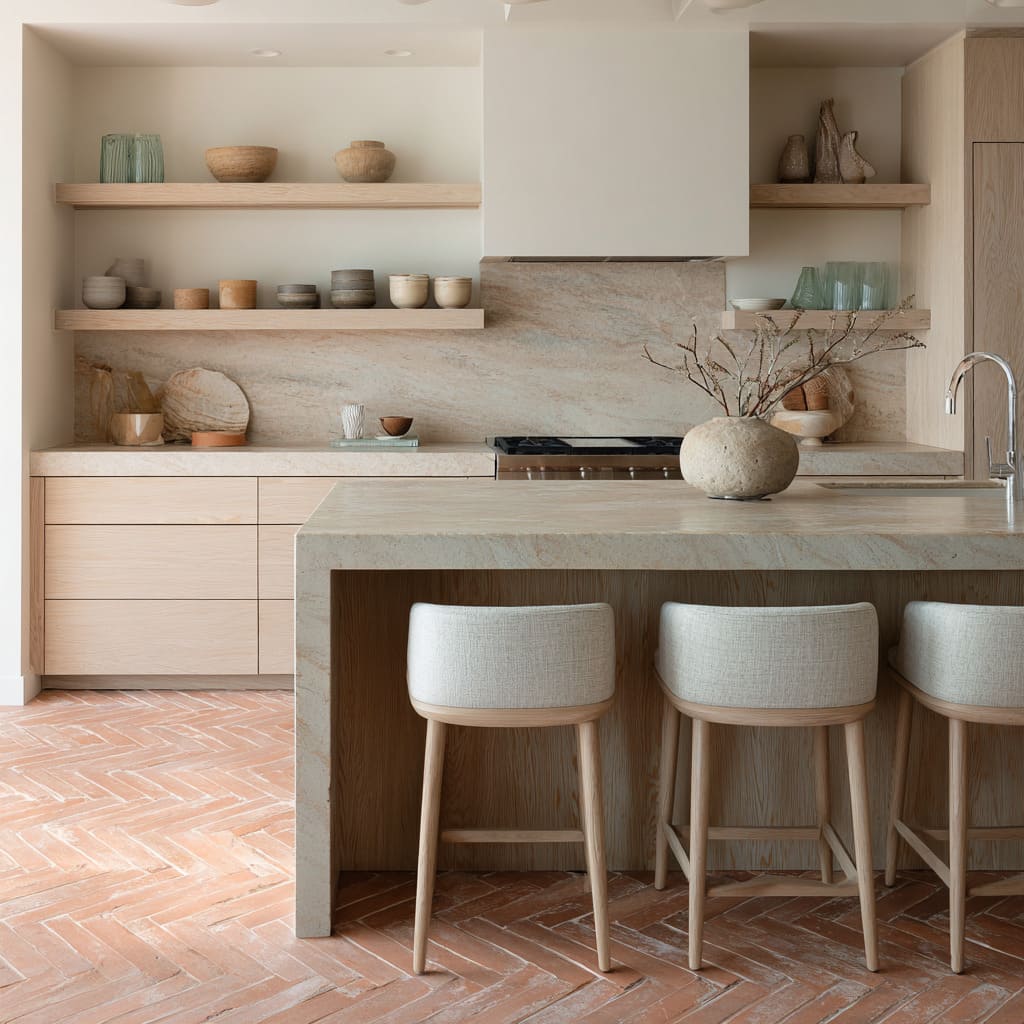 Design with a herringbone terracotta brick floor with pale stone island and whisper-light oak cabinets Design with a herringbone terracotta brick floor with pale stone island and whisper-light oak cabinets