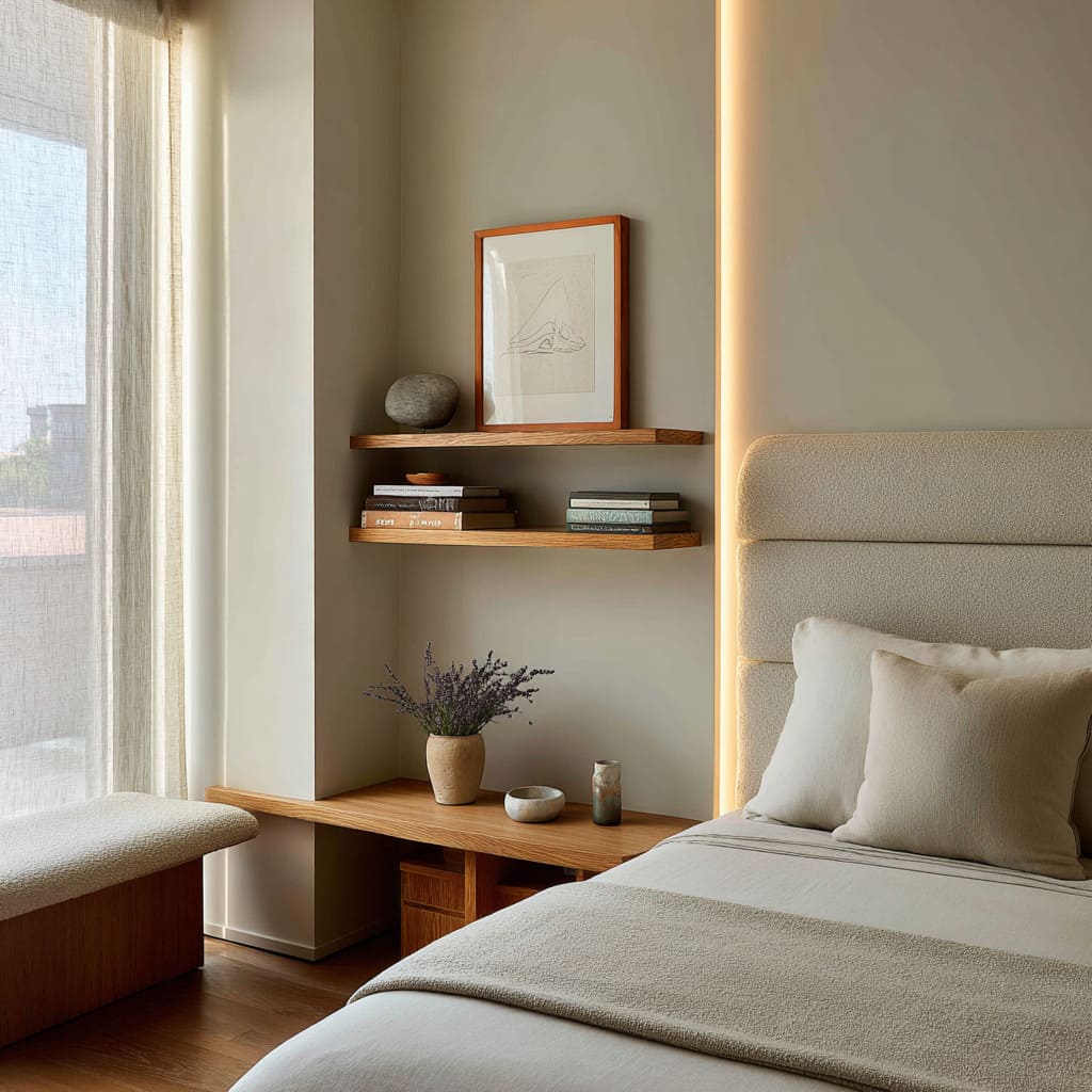 Diseño con banco en L y dos estantes flotantes que unen la esquina con la pared del cabecero Diseño con banco en L y dos estantes flotantes que unen la esquina con la pared del cabecero