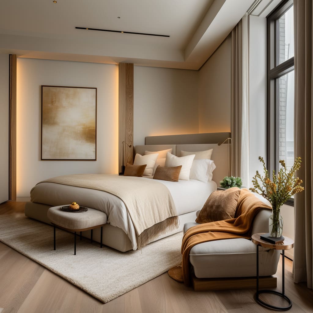 Dormer corner bed paired with built-in desk bench, open shelves, soft back glow, low art, small pouf Dormer corner bed paired with built-in desk bench, open shelves, soft back glow, low art, small pouf