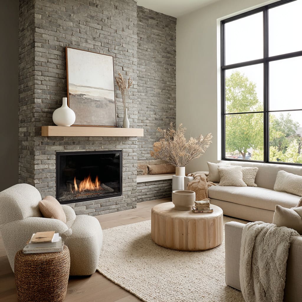 Chimenea de piedra gris empolvada con matices verdes suaves, neutros claros y acentos de madera color miel. Chimenea de piedra gris empolvada con matices verdes suaves, neutros claros y acentos de madera color miel.