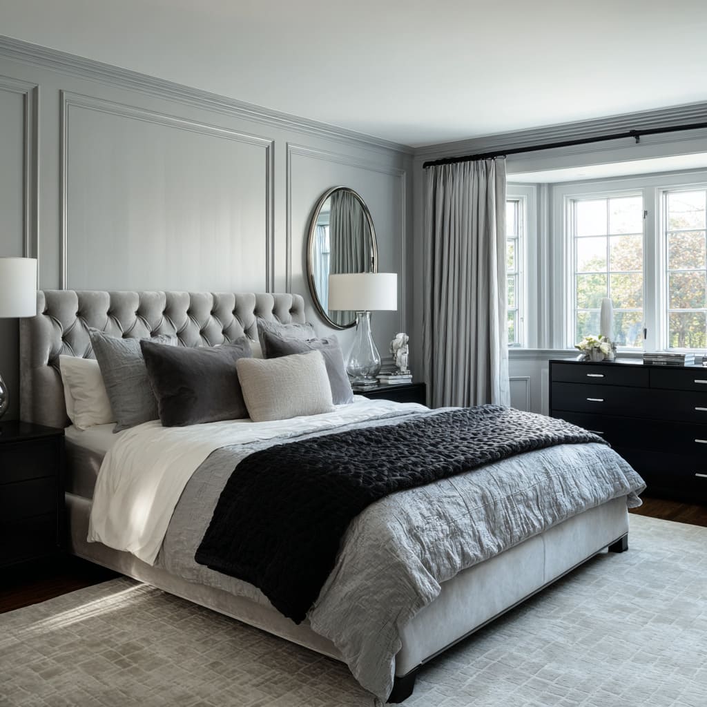 Elegant black and silver bedroom design with tall matte-black panel wall, brushed silver bed, warm lamps, and ribbed grey rug Elegant black and silver bedroom design with tall matte-black panel wall, brushed silver bed, warm lamps, and ribbed grey rug
