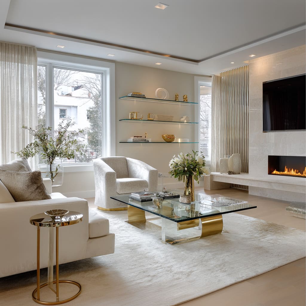 Elegant layered family room styling with glass shelves, satin-nickel fireplace ribs, curved brass-leg table, pearl textiles Elegant layered family room styling with glass shelves, satin-nickel fireplace ribs, curved brass-leg table, pearl textiles