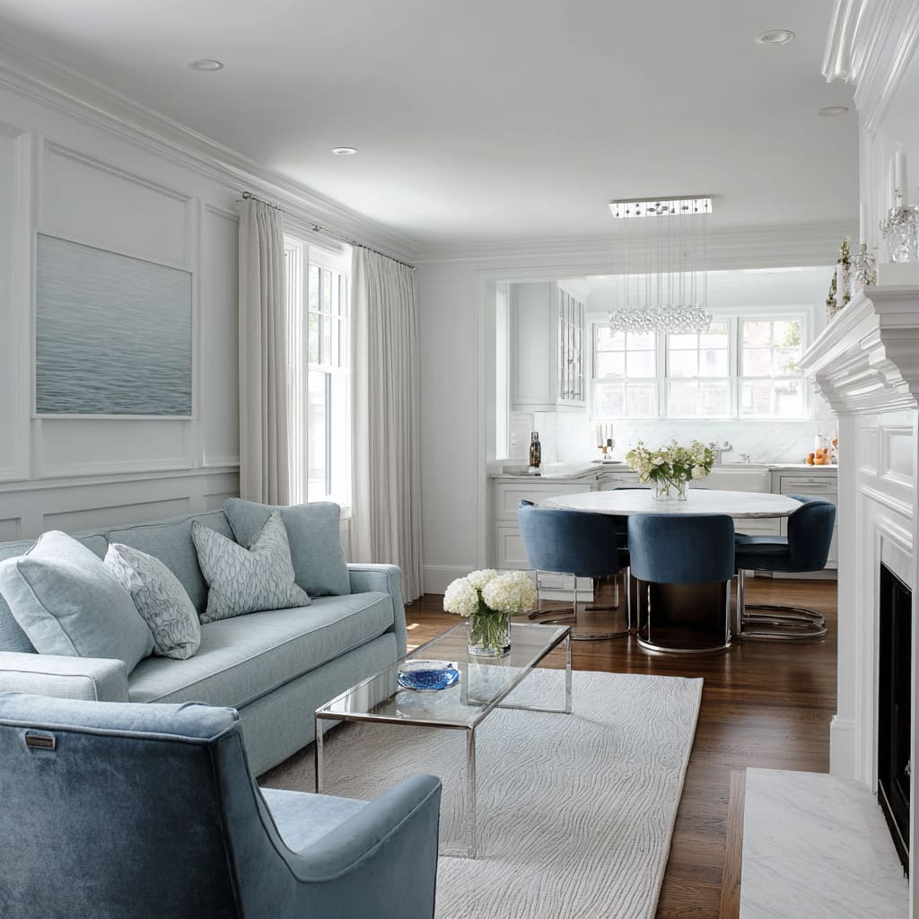 Elegant transitional blue and silver living room styling with powder-blue seating, chrome table Elegant transitional blue and silver living room styling with powder-blue seating, chrome table