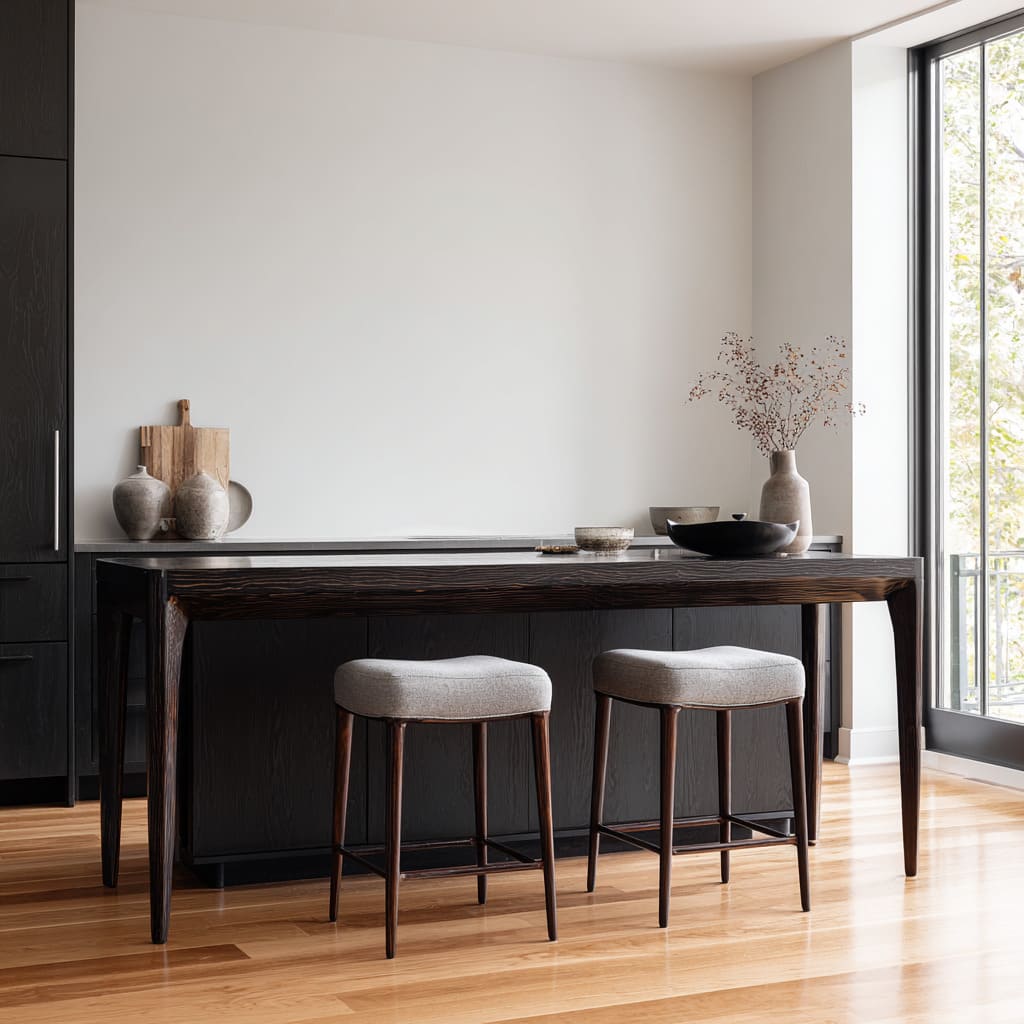 Espresso-toned console with tapered legs paired with low grey stools, sitting beside dark cabinetry and styled with a wide bowl and tall vase Espresso-toned console with tapered legs paired with low grey stools, sitting beside dark cabinetry and styled with a wide bowl and tall vase