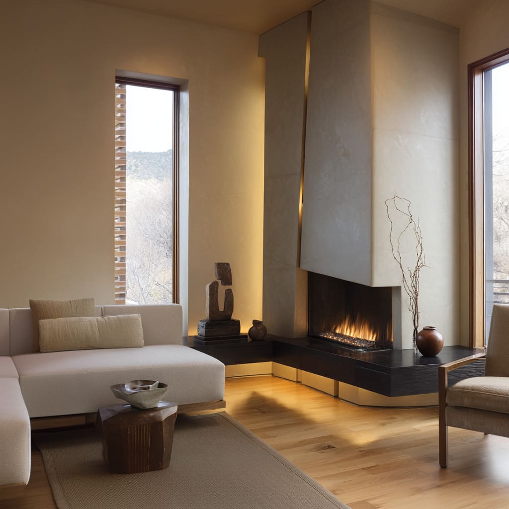 Faceted plaster corner fireplace design with hidden backlight, floating hearth with brass toe, low creamy sectional