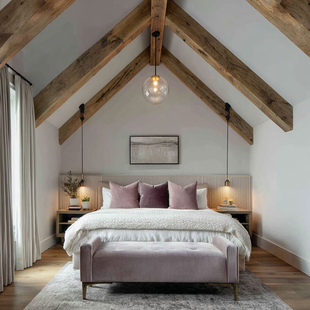 Dormitorio estilo farmhouse con cabecero gris acanalado, cerchas de roble, banco de terciopelo y lámparas globo. Dormitorio estilo farmhouse con cabecero gris acanalado, cerchas de roble, banco de terciopelo y lámparas globo.