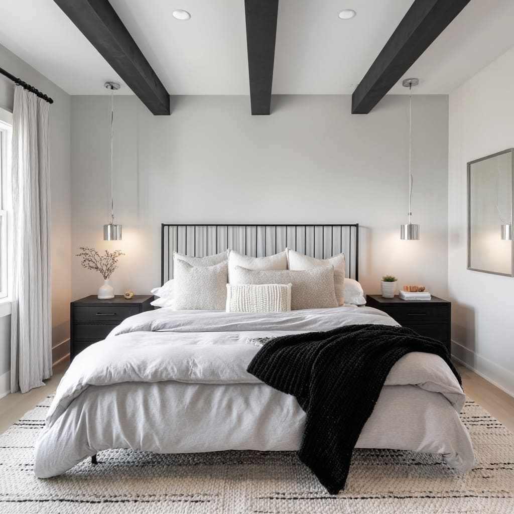 Farmhouse black and silver bedroom design with black spindle headboard, chrome pendants Farmhouse black and silver bedroom design with black spindle headboard, chrome pendants