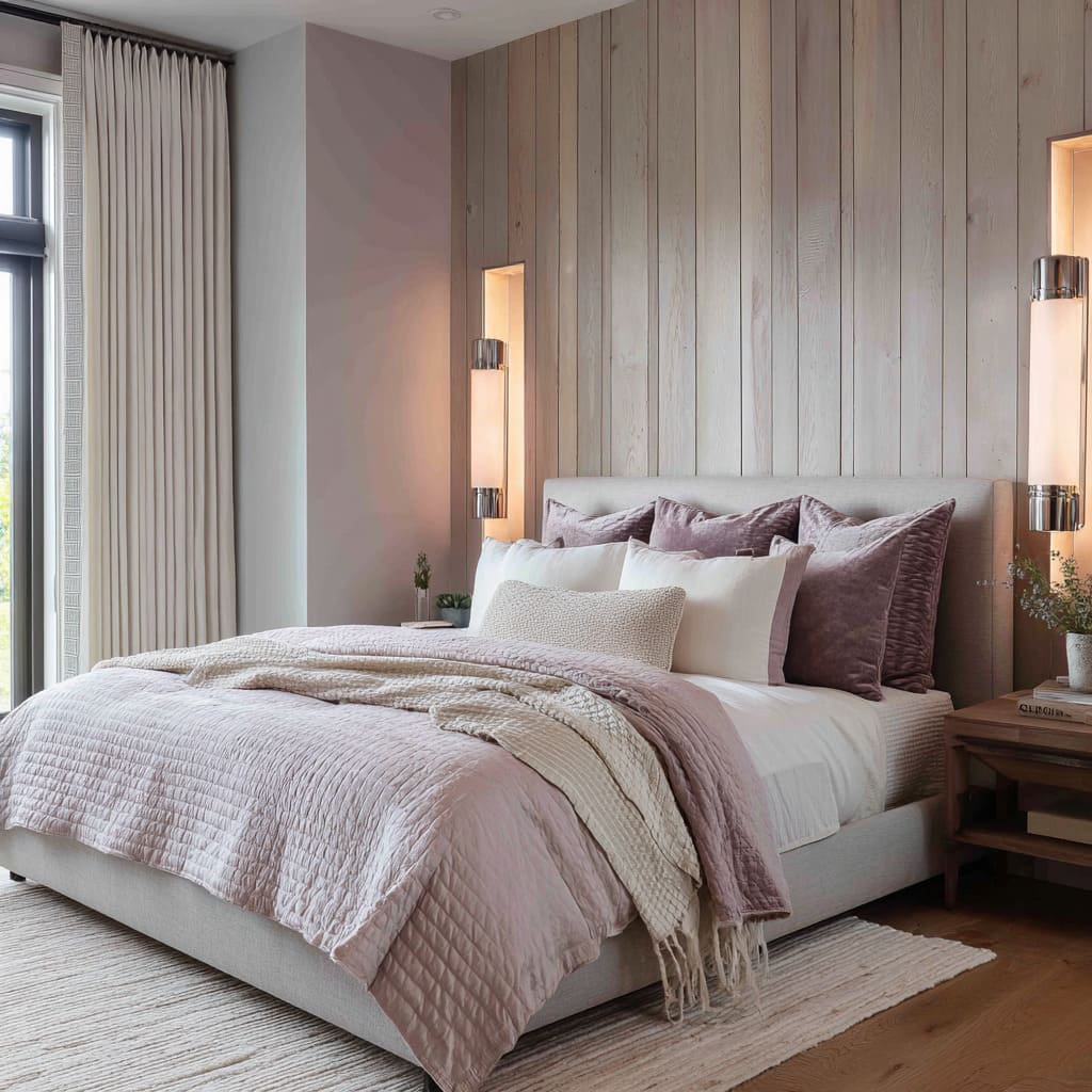 Suite estilo farmhouse en morado y plata con muro de madera blanqueada, apliques empotrados y cojines de terciopelo malva. Suite estilo farmhouse en morado y plata con muro de madera blanqueada, apliques empotrados y cojines de terciopelo malva.