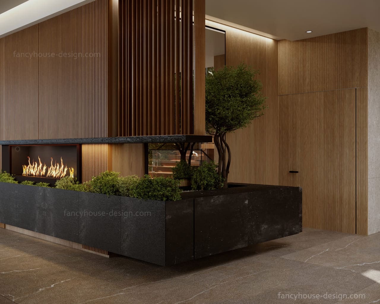 Fireplace and feature tree design for a house in Raleigh North Carolina