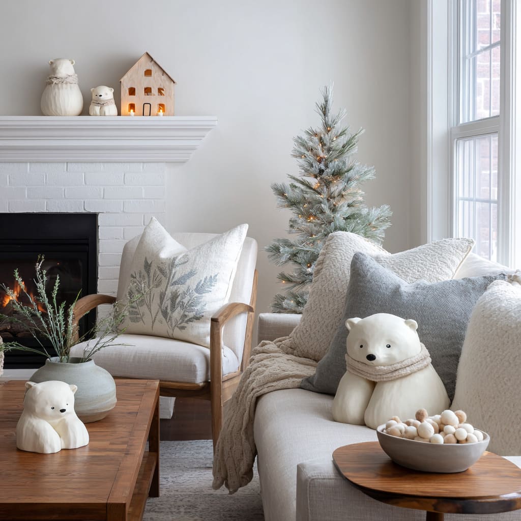 Fireplace living room concept with polar bear figures, bowl of felt snowballs, snowy slim tree, soft neutral cushions Fireplace living room concept with polar bear figures, bowl of felt snowballs, snowy slim tree, soft neutral cushions