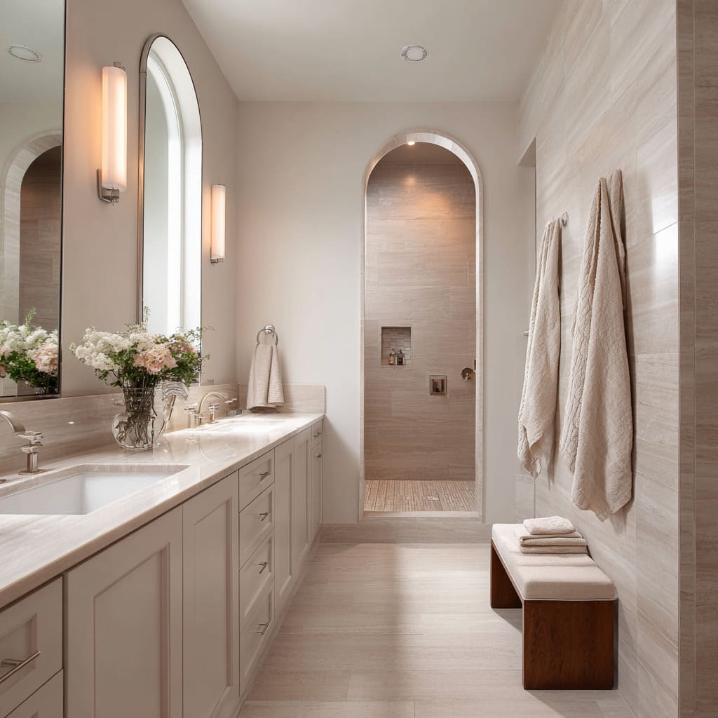 Flax-stone sand bathroom design with arched shower opening, long vanity and quilted textiles Flax-stone sand bathroom design with arched shower opening, long vanity and quilted textiles