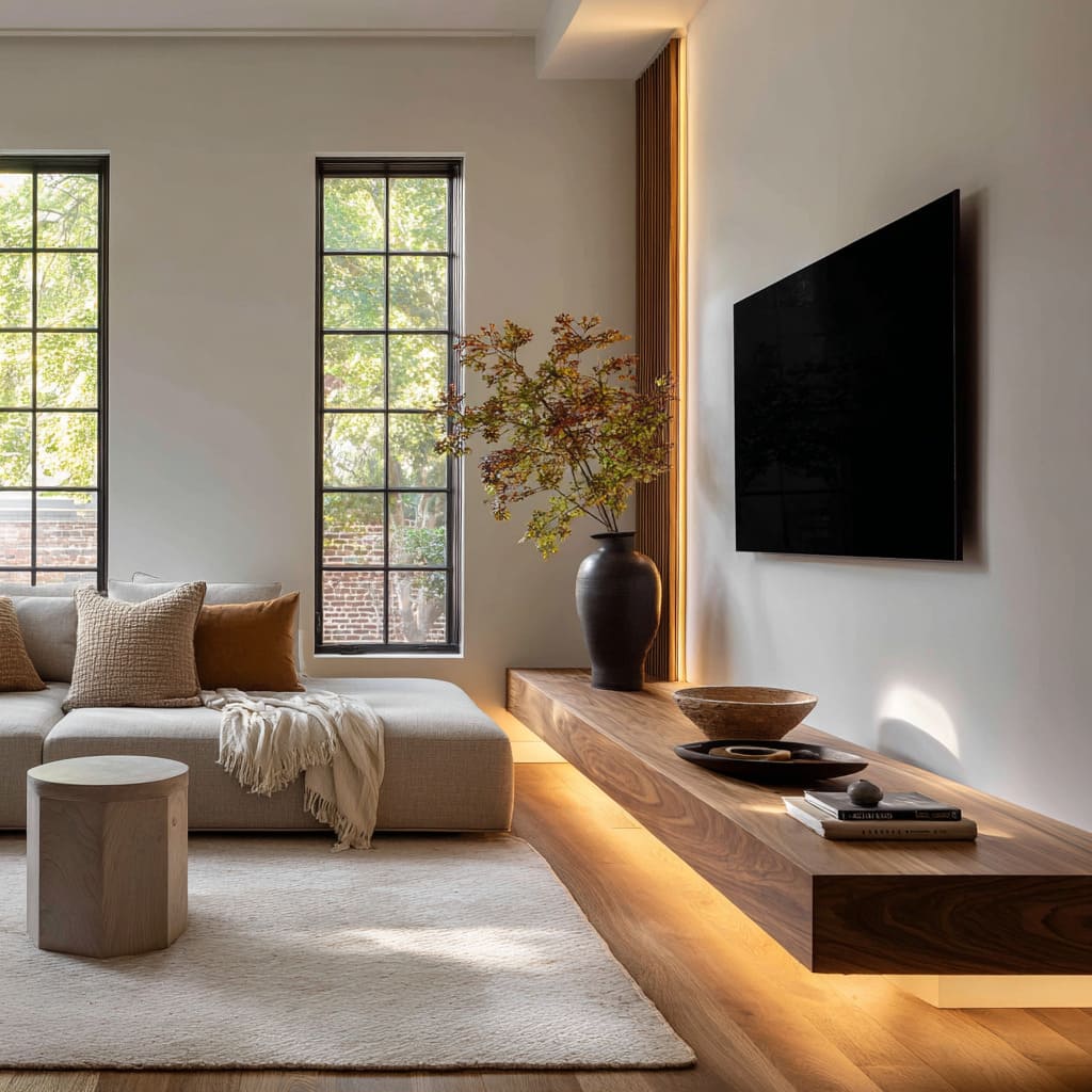 Floating walnut console ending at fin panel with light reveal, tall black vase, spaced sculptural objects Floating walnut console ending at fin panel with light reveal, tall black vase, spaced sculptural objects