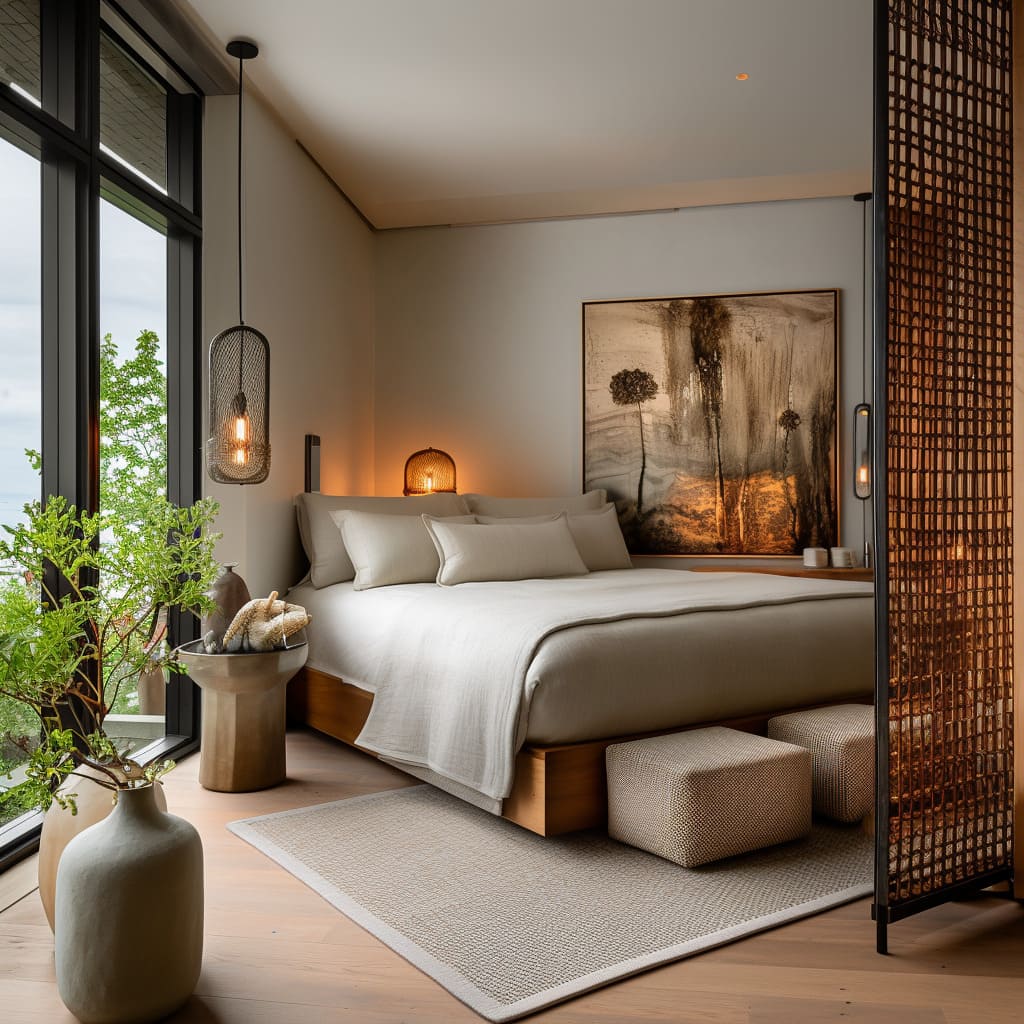 Floor-to-ceiling window on one side, staggered mesh pendants, low headboard, slim wood ledge Floor-to-ceiling window on one side, staggered mesh pendants, low headboard, slim wood ledge