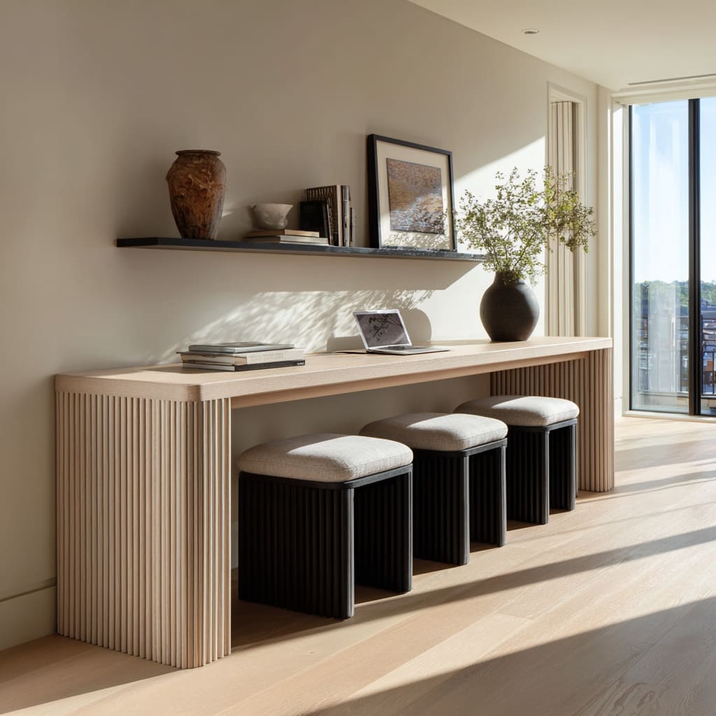 Fluted oak console acting as a long work-and-dining surface, paired with cube stools and a thin charcoal shelf above Fluted oak console acting as a long work-and-dining surface, paired with cube stools and a thin charcoal shelf above