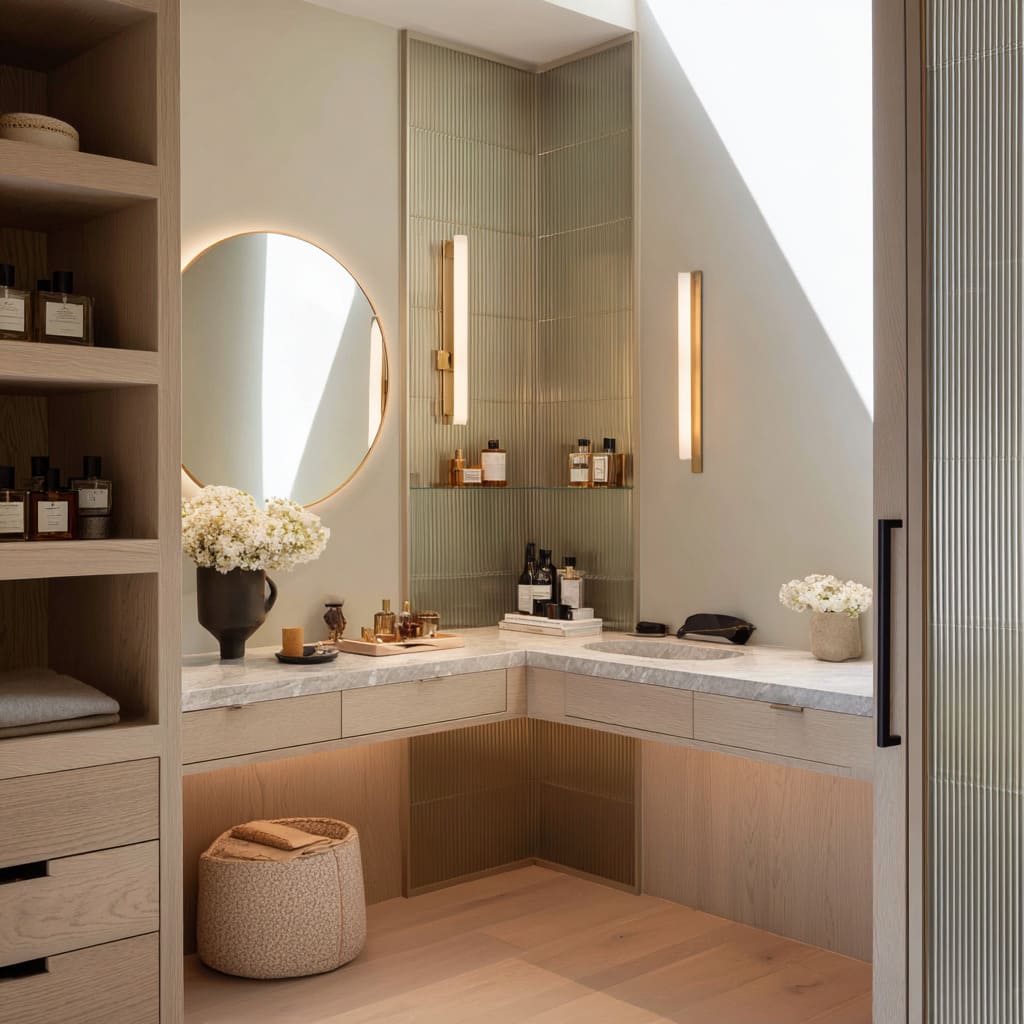 Idea de tocador con azulejo acanalado, espejo con aro de latón, estantes flotantes de vidrio, puf y luz cálida en el zócalo Idea de tocador con azulejo acanalado, espejo con aro de latón, estantes flotantes de vidrio, puf y luz cálida en el zócalo