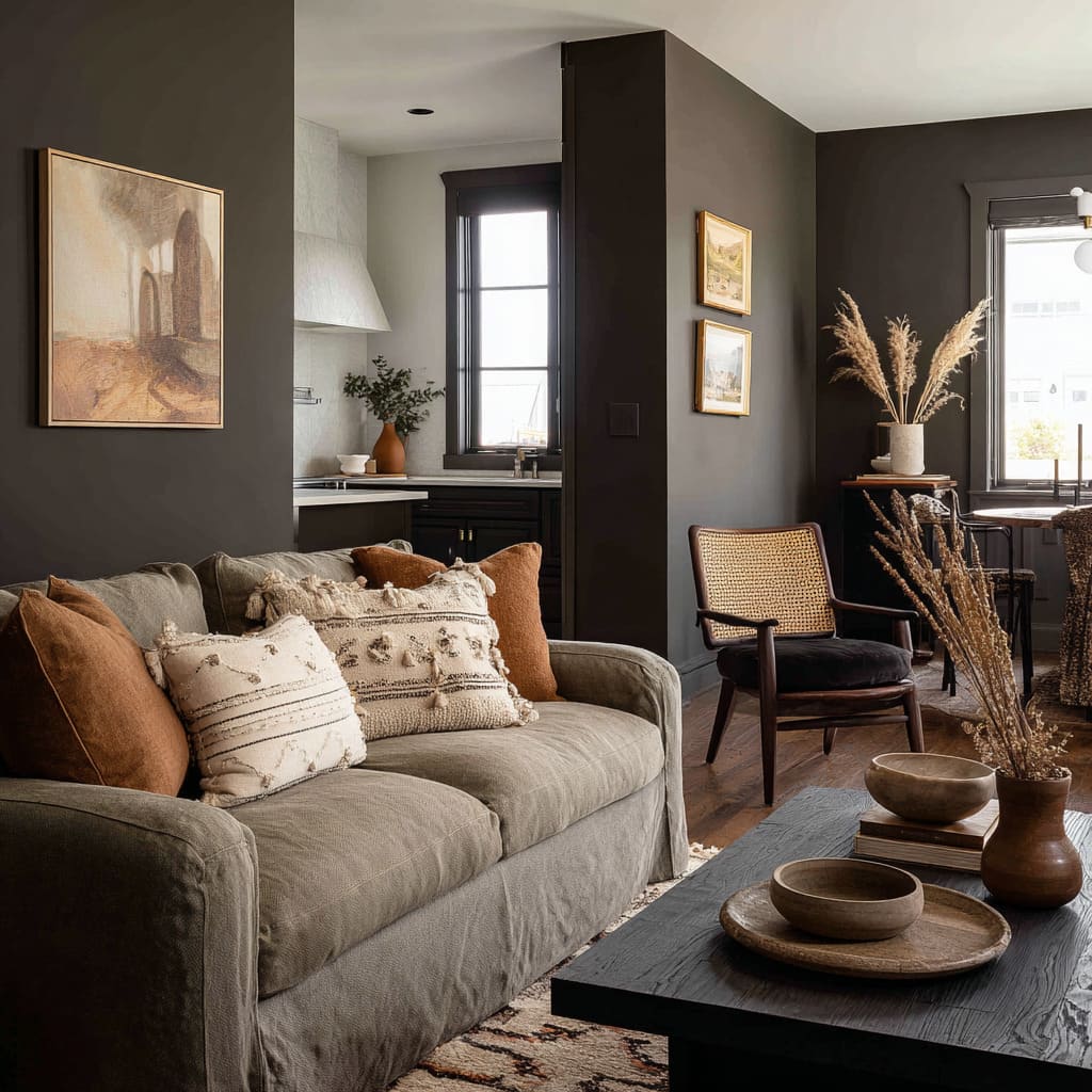Forest-Green Panel Wall, Warm Sloped Ceiling, Dried Branches, Terracotta Accents, and Thick Rustic Textures Forest-Green Panel Wall, Warm Sloped Ceiling, Dried Branches, Terracotta Accents, and Thick Rustic Textures