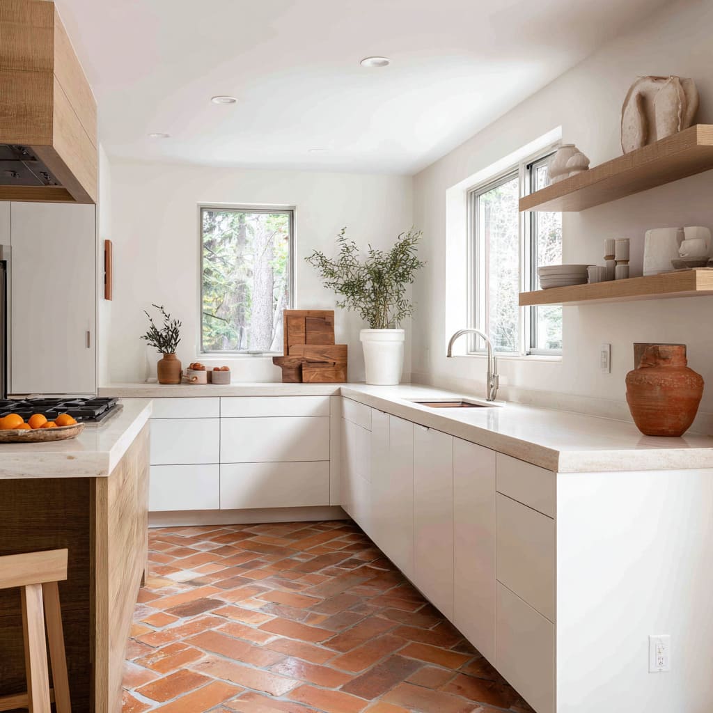 Concepto de cocina en U blanca y terracota con vista al bosque, suelo rústico de ladrillo en espiga, muebles lisos en blanco hueso y encimeras mate claras Concepto de cocina en U blanca y terracota con vista al bosque, suelo rústico de ladrillo en espiga, muebles lisos en blanco hueso y encimeras mate claras