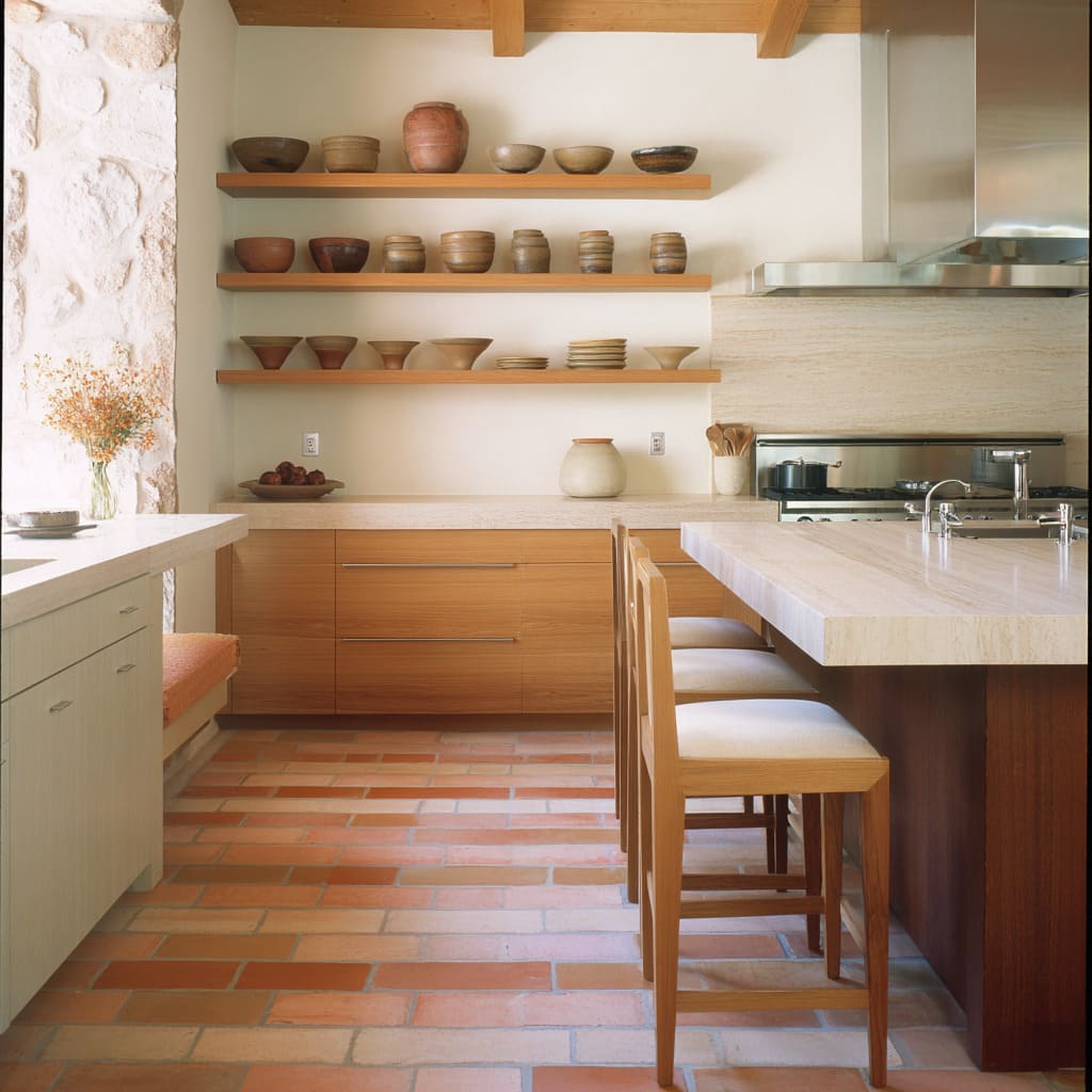 Fresh design ideas with ladder-stripe terracotta brick floor with stacked pottery display and layered timbers Fresh design ideas with ladder-stripe terracotta brick floor with stacked pottery display and layered timbers