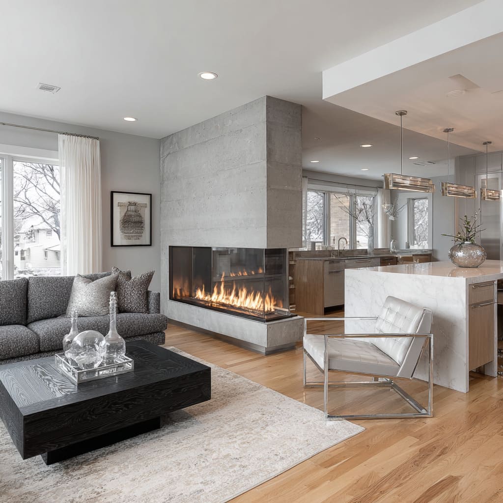 Front room concept with corner glass fireplace, black oak table, white marble island Front room concept with corner glass fireplace, black oak table, white marble island
