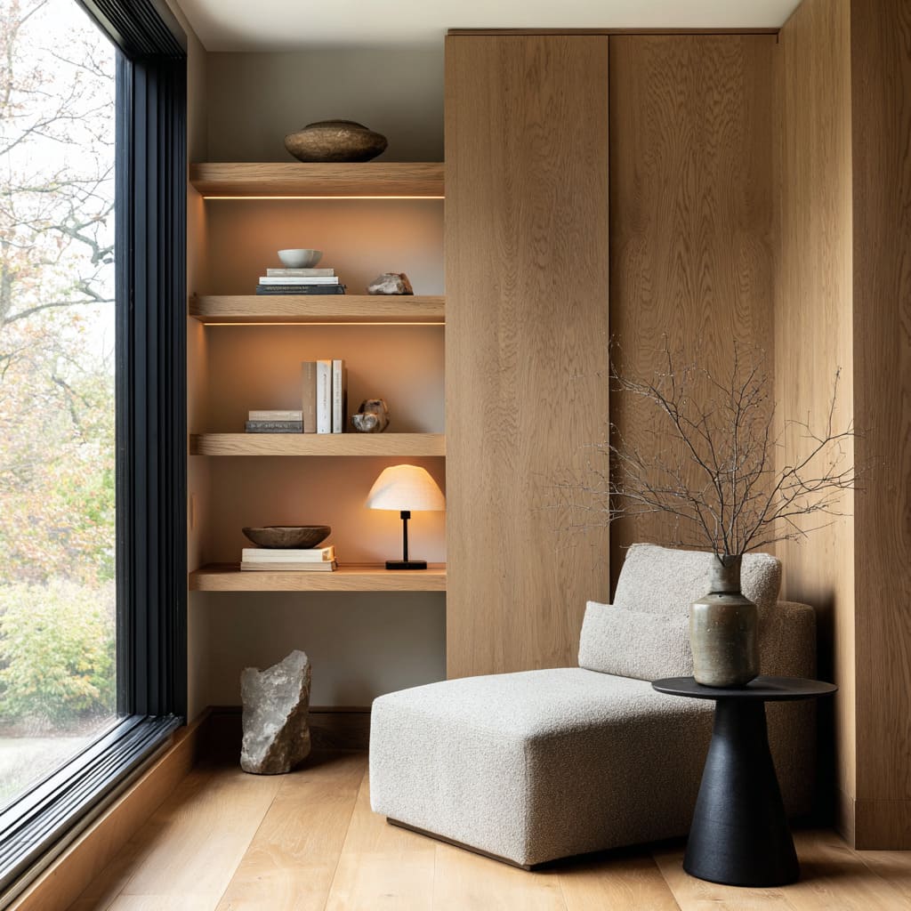 Full-height cabinet design with carved niche shelves, soft top lighting, tiny shelf lamp, raw stone sculpture Full-height cabinet design with carved niche shelves, soft top lighting, tiny shelf lamp, raw stone sculpture