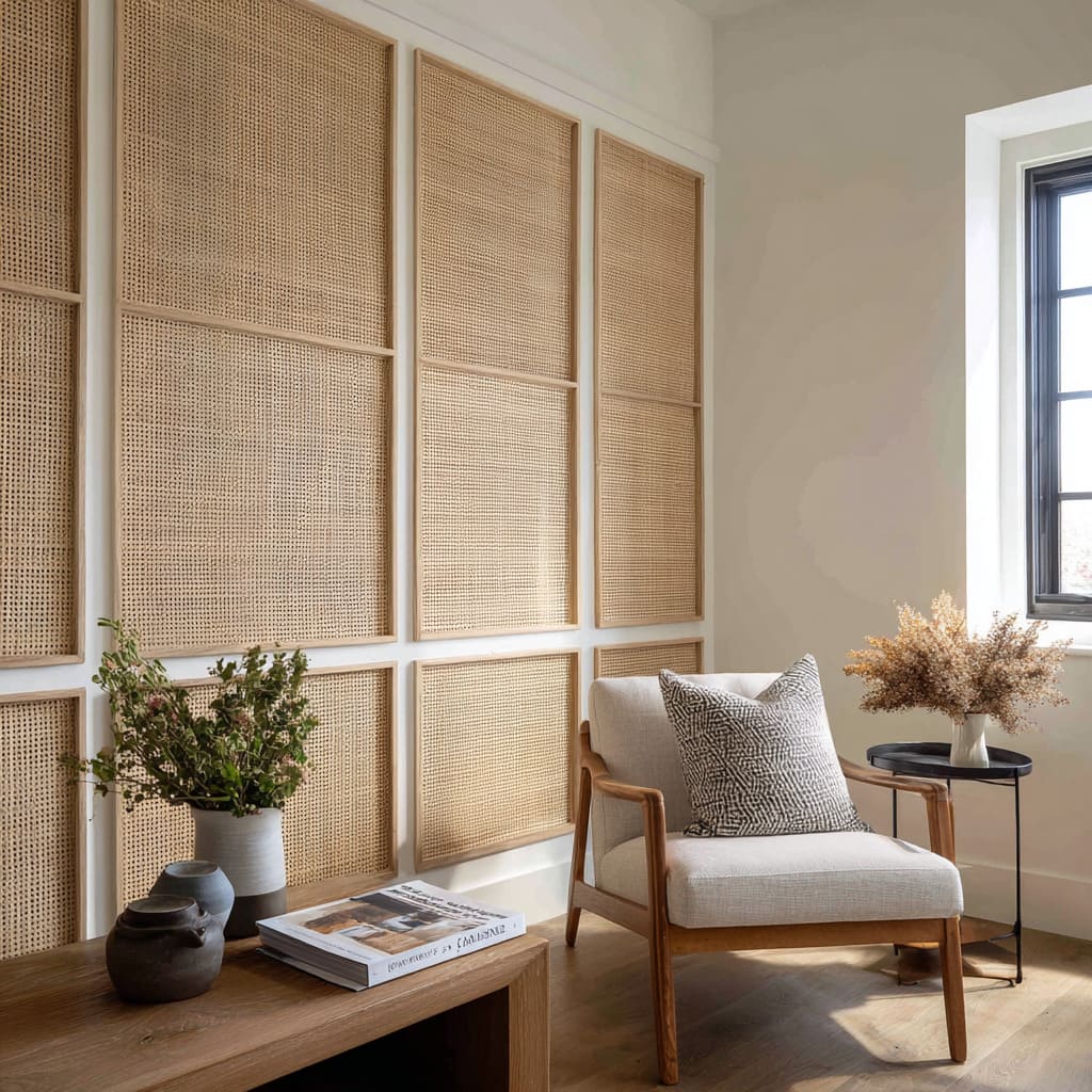 Full-height cane panel grid with pale wood frames, central art cluster, ivory sofa, soft accessories Full-height cane panel grid with pale wood frames, central art cluster, ivory sofa, soft accessories