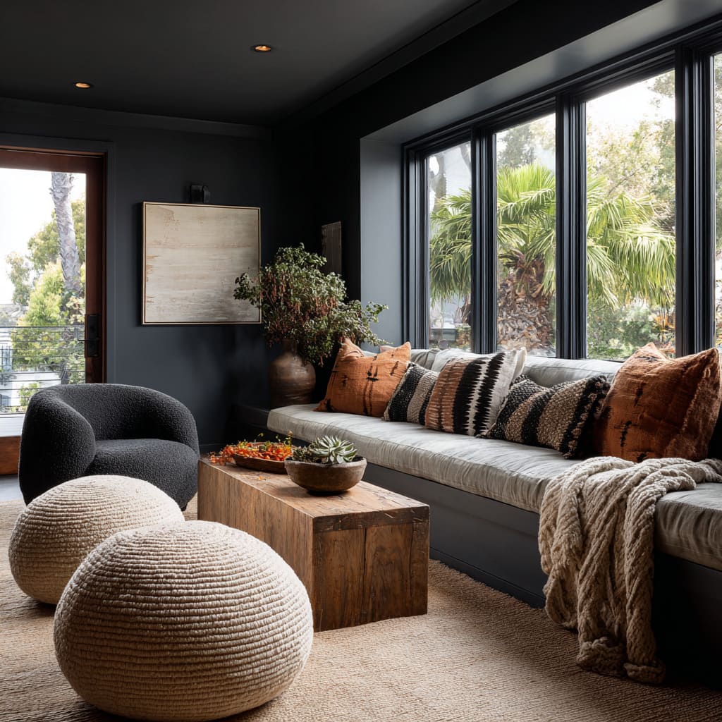 Fully Dark Shell With Long Window Seat, Textured Boho Pillows, Sculptural Seating, and Layered Natural Fibers Fully Dark Shell With Long Window Seat, Textured Boho Pillows, Sculptural Seating, and Layered Natural Fibers